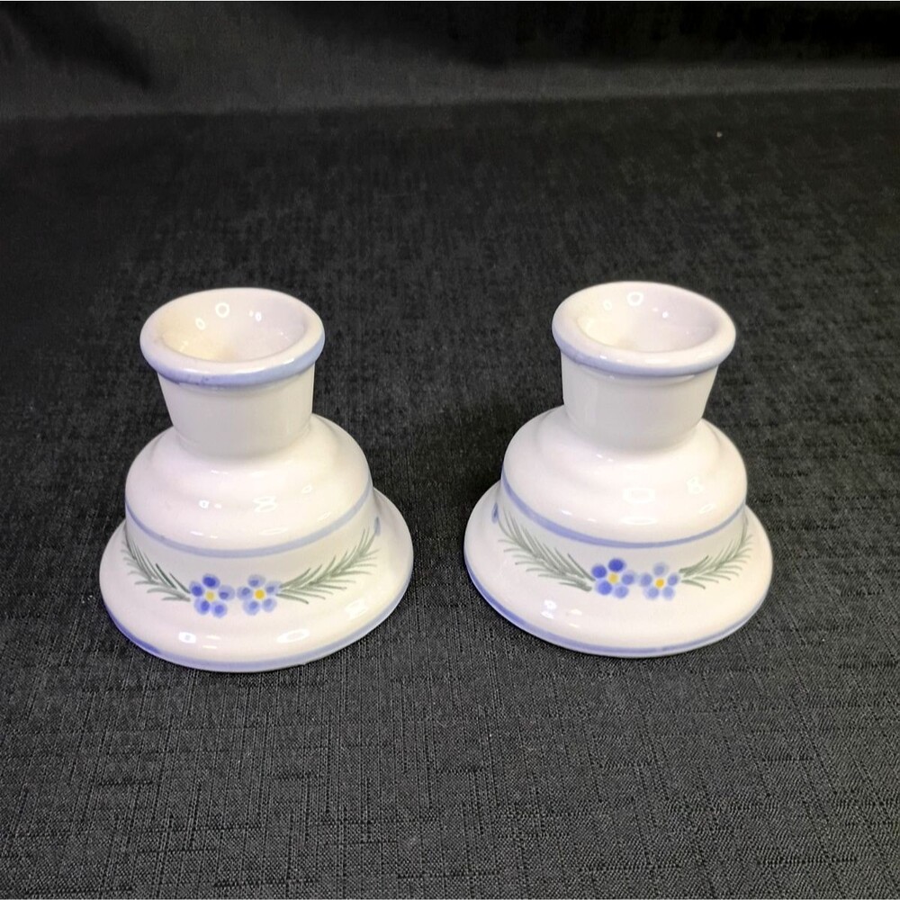 Pair Of Vintage Hand-painted Short Taper Candlestick Holders Blue Flowers